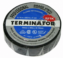 Изолента ПВХ 19мм, 20м,0,15 мм,  черная, огнеупорная, всепогодная Terminator IU1K